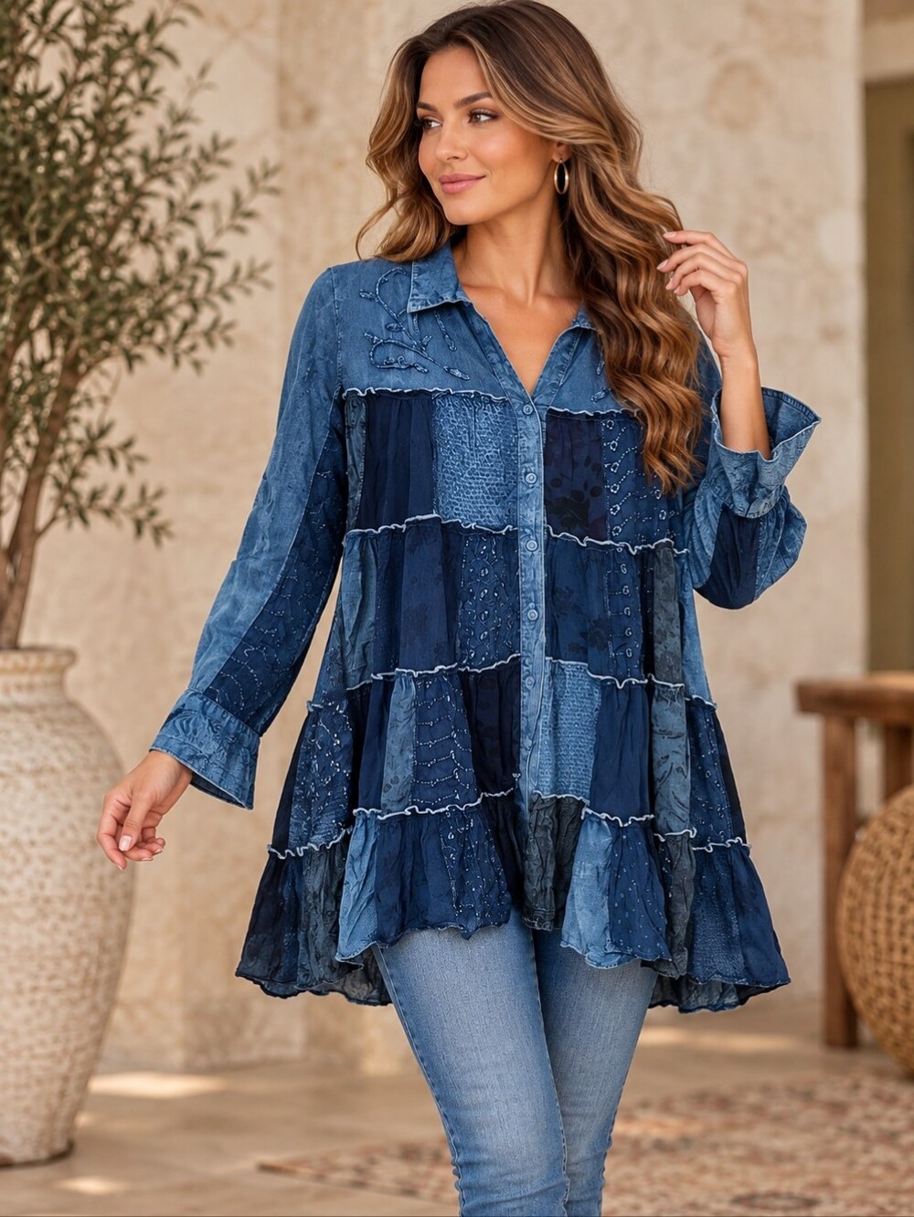 604.Bohemian Denim Patchwork Button-Front Tunic Top - Blue
